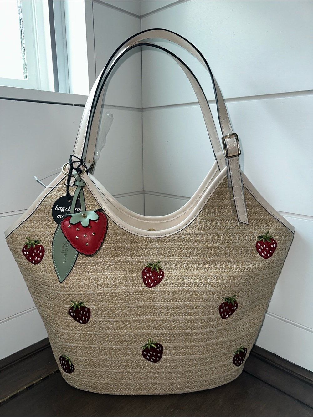 BCBGeneration Straw Tote with Red Strawberry Appliqués and Cream Trim - Picture 3 of 15